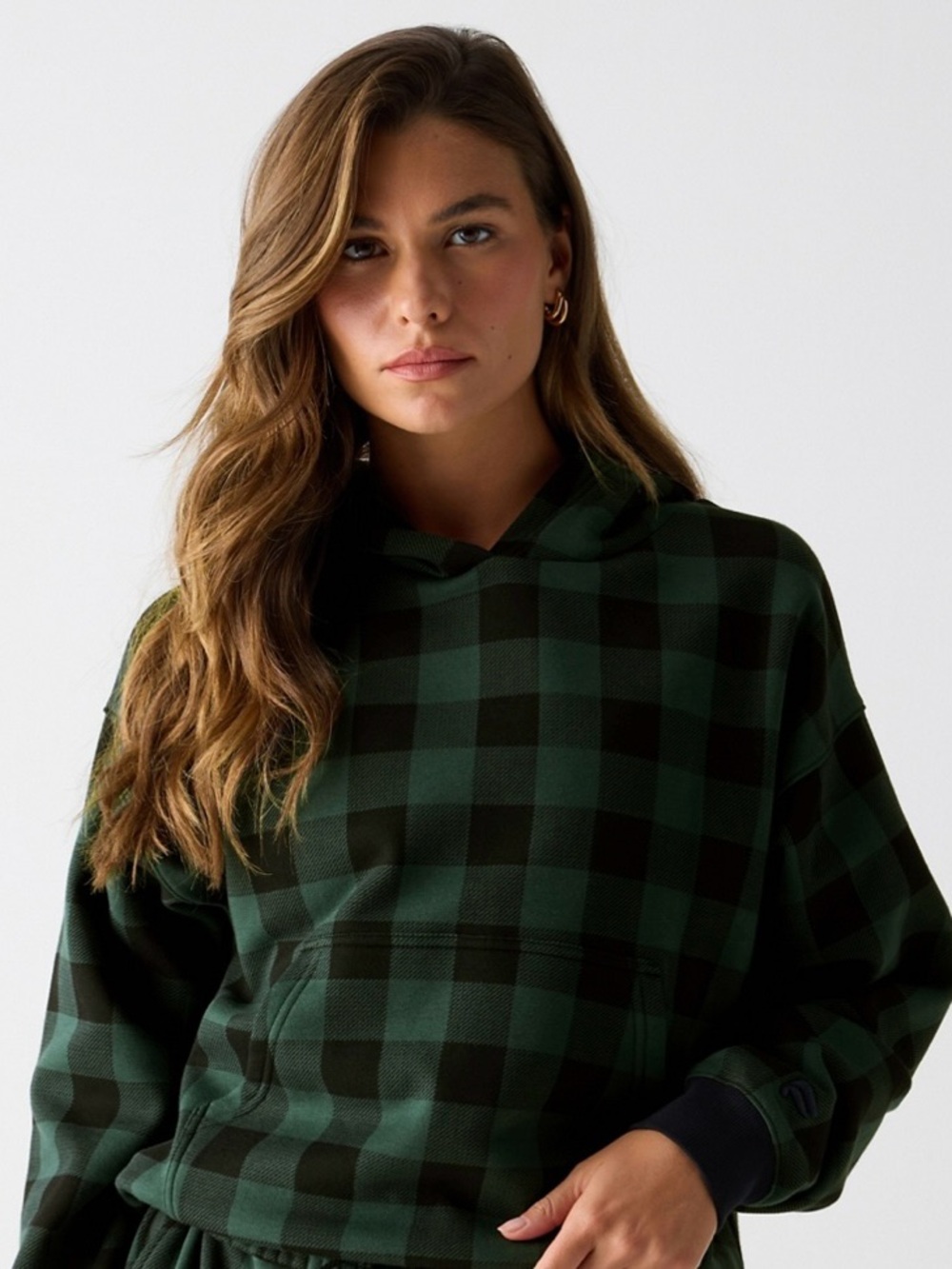 Fabletics Cozy Fleece Hoodie Buffalo Check in Everpine Green/Black. Size XL.